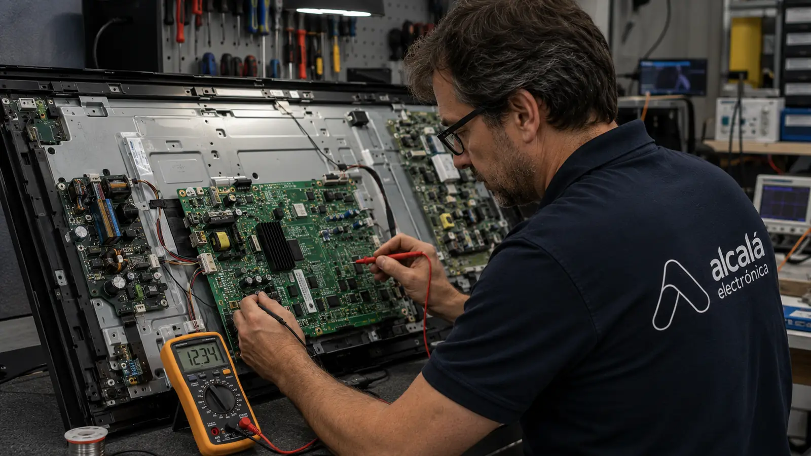 Técnico de Electrónica Alcalá midiendo con un polímetro la placa de un televisor